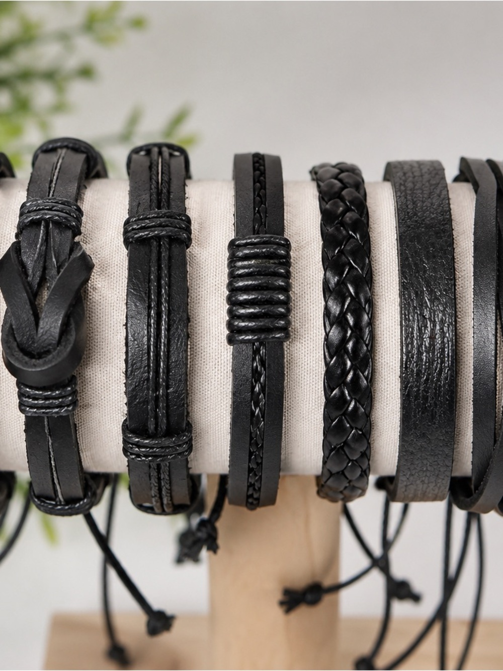 Men's Black Leather Bracelet Set - Classic Pocket Square Accessory